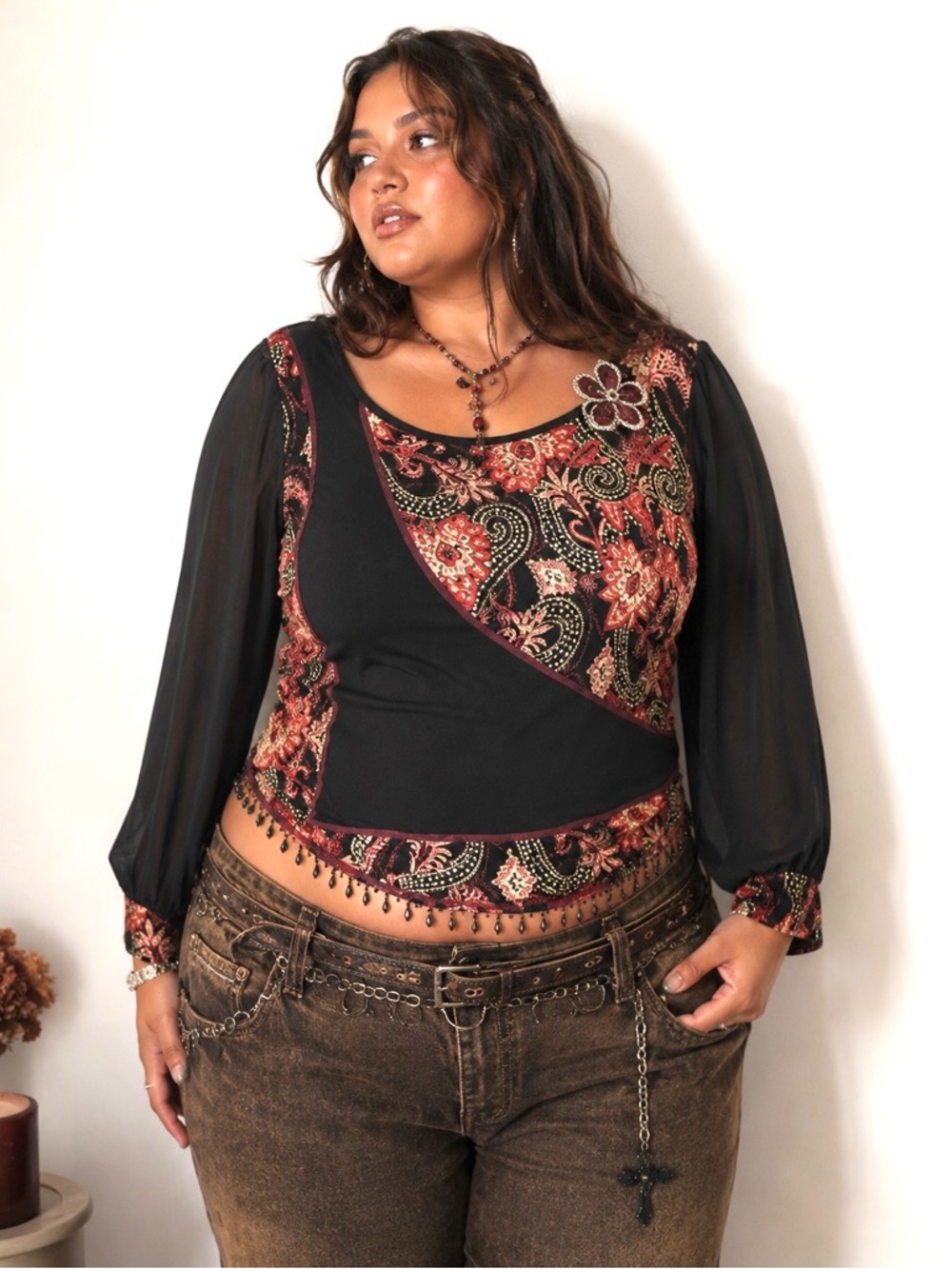 Y2K Witchy Sheer Paisley Patchwork Blouse Beaded Bishop Sleeve Whimsigoth Goblin